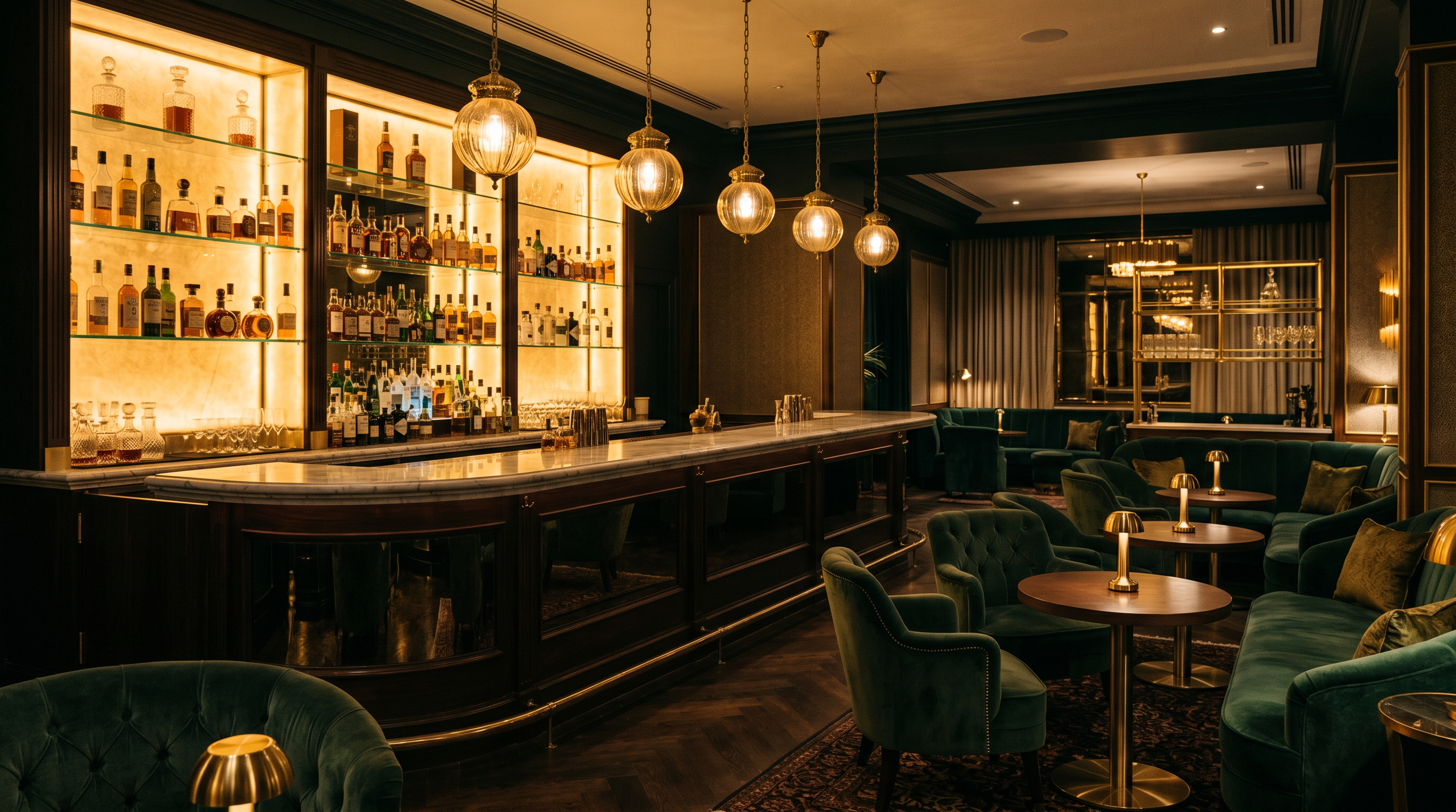 Marble cocktail bar with backlit shelving inside the hotel