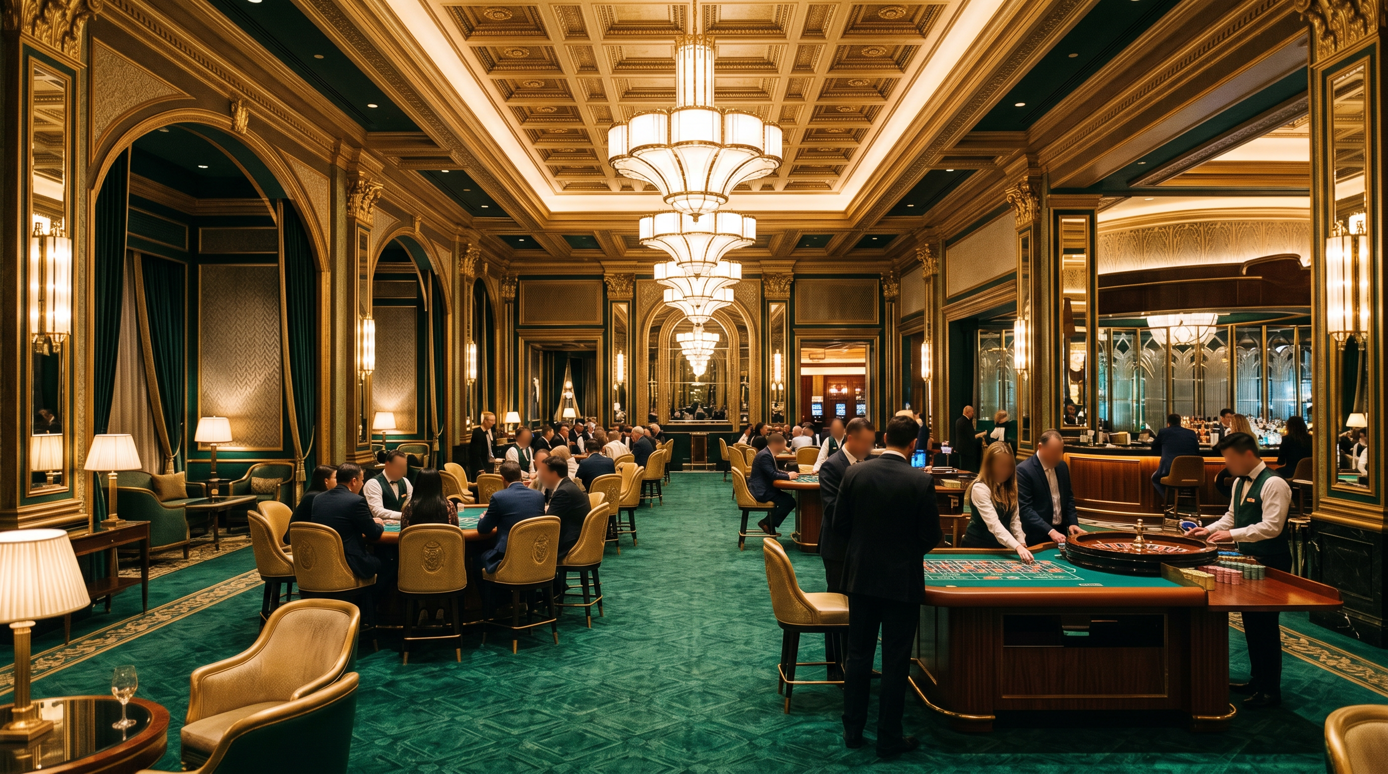 Elegant casino gaming lounge with card tables and warm chandelier light