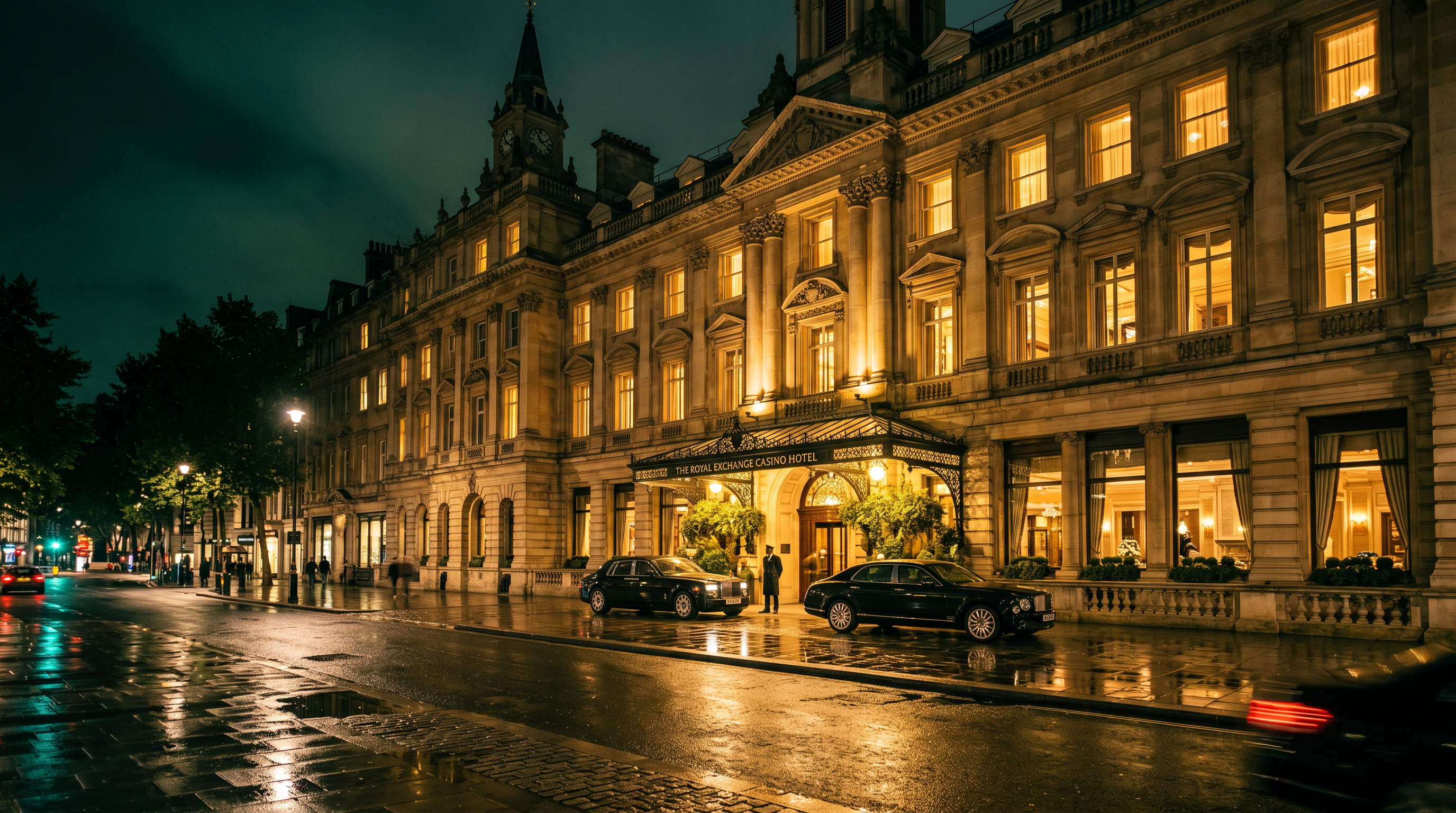 Georgian stone facade of the hotel illuminated at night