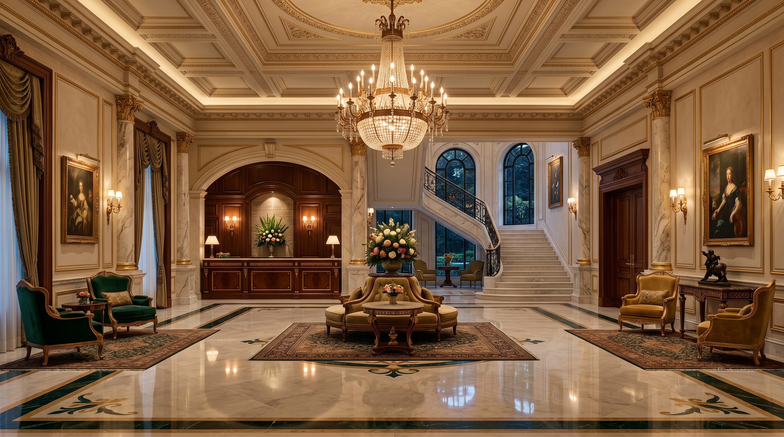 Grand marble lobby of the Mayfair casino hotel with chandelier lighting