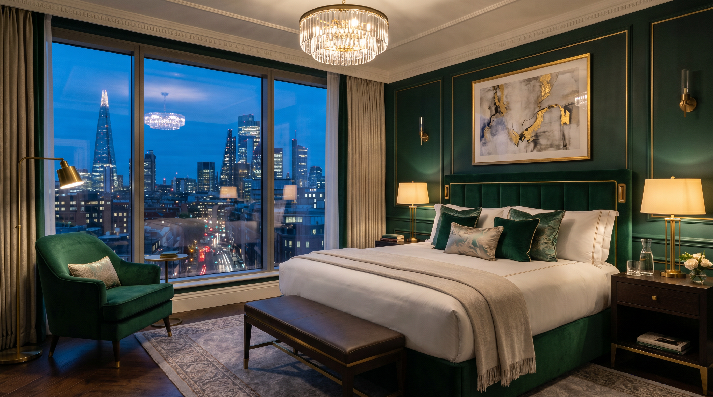 Luxury hotel suite bedroom with city skyline view